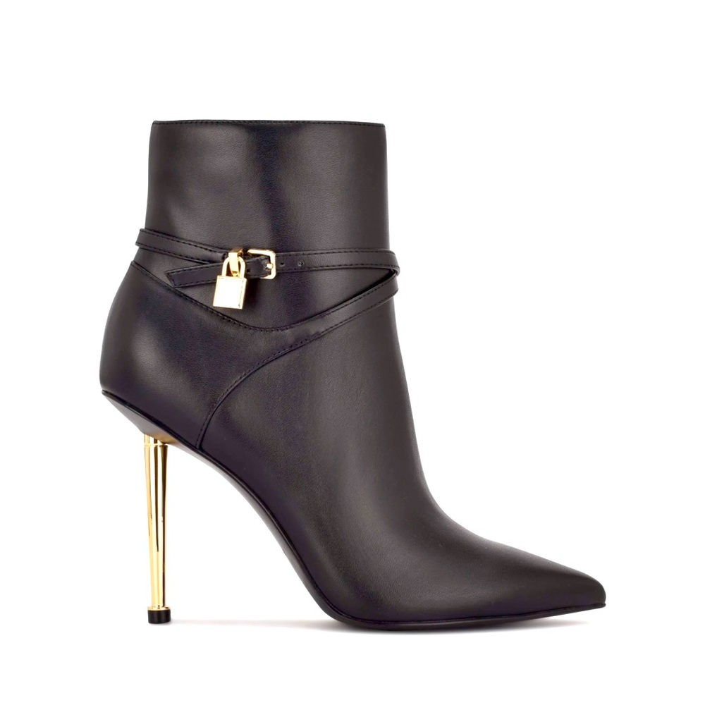 New in Original Box Nine West Tarin3 High Stiletto Ankle Boots w Gold Heel Sz9